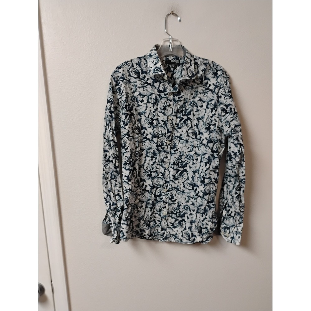 Murano Slim Fit Mens Medium Navy White Floral Bird Print Button Down Shirt